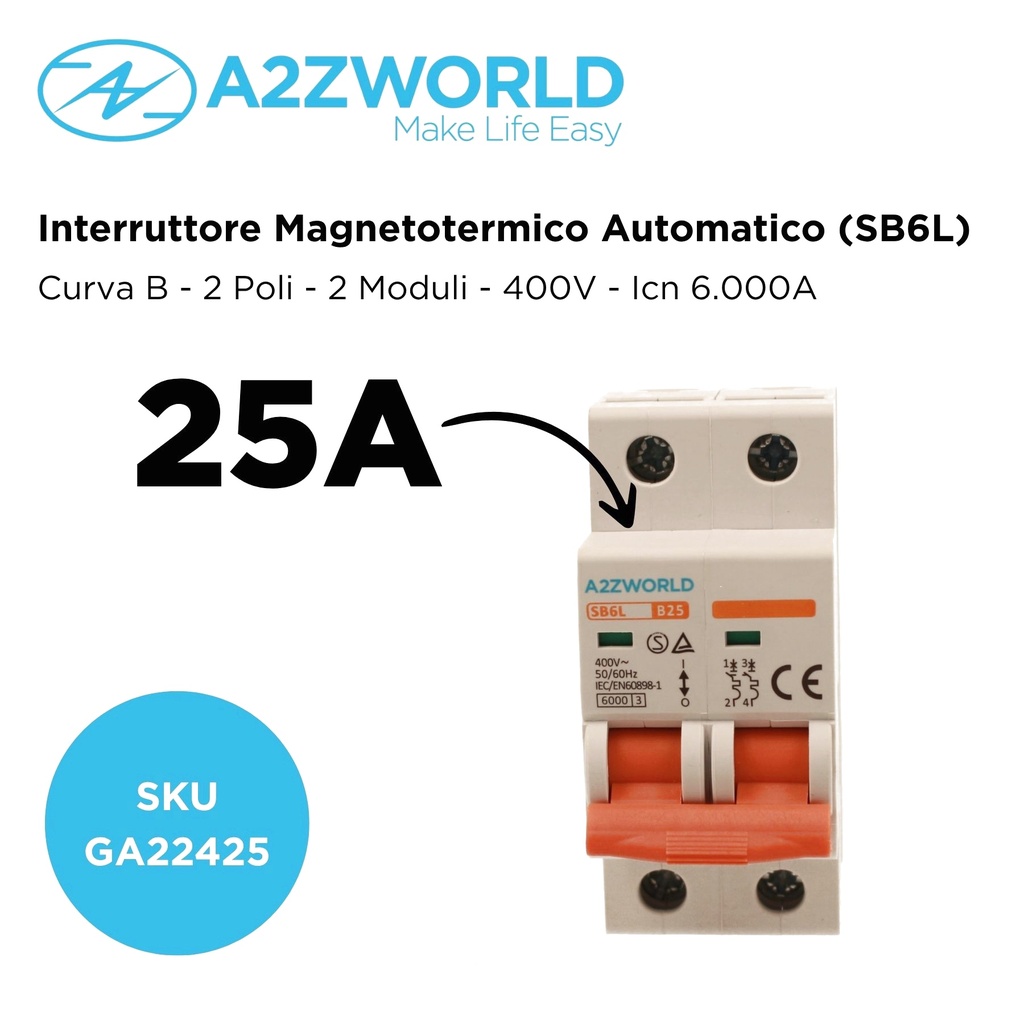 MCB Interruttore Magnetotermico Automatico Curva B 2P 2M 6000A B25A AC 400V IP20 SB6L