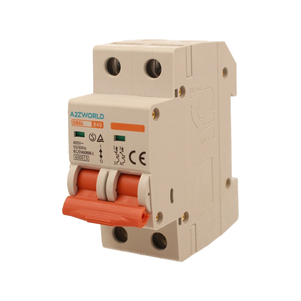 A2ZWORLD MCB Interruttore Magnetotermico Automatico Curva B 2P 2M 6000A B40A AC 400V IP20 IEC60898-1 SB6L