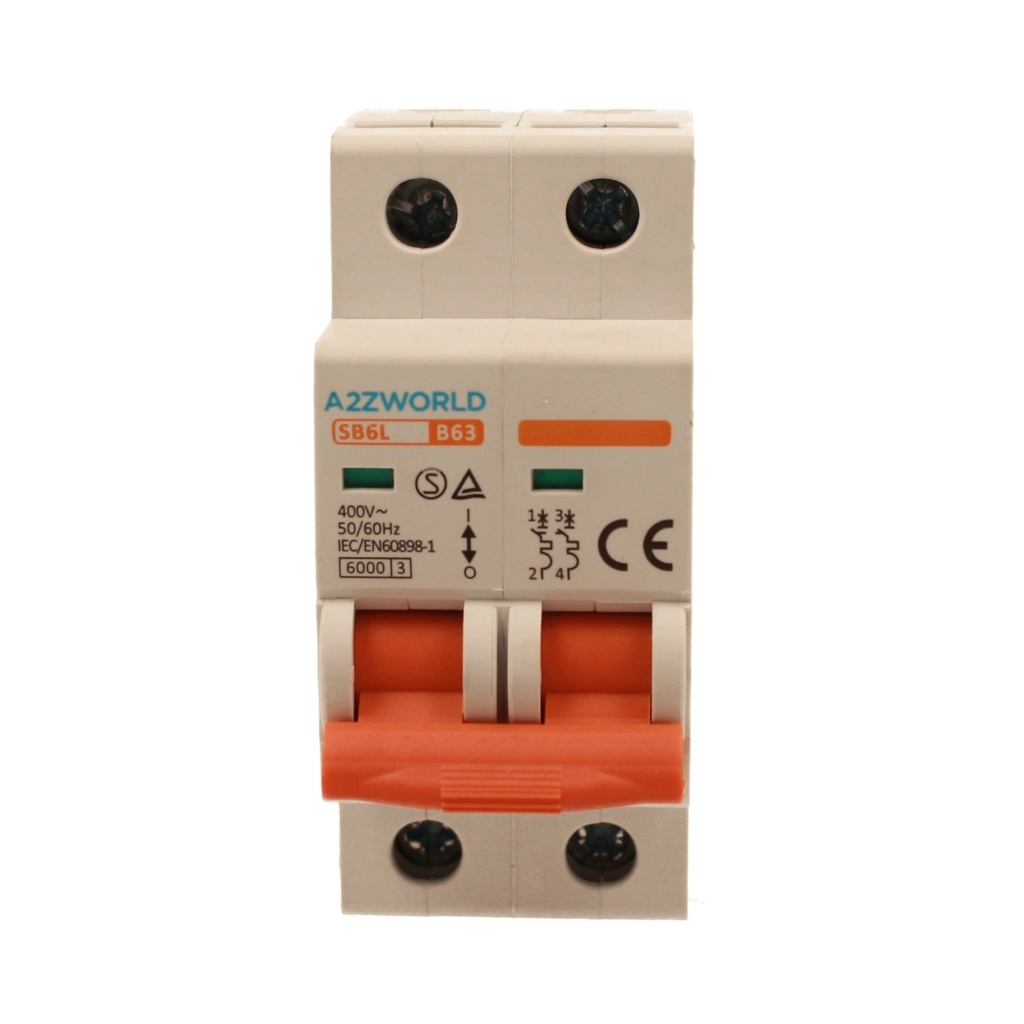 A2ZWORLD MCB Interruttore Magnetotermico Automatico Curva B 2P 2M 6000A B63A AC 400V IP20 IEC60898-1 SB6L