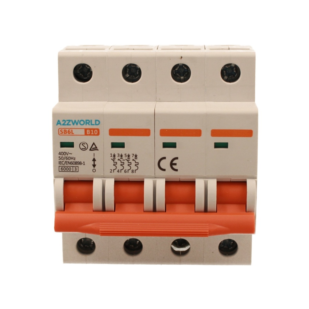 A2ZWORLD MCB Interruttore Magnetotermico Automatico Curva B 4P 4M 6000A B10A AC 400V IP20 IEC60898-1 SB6L