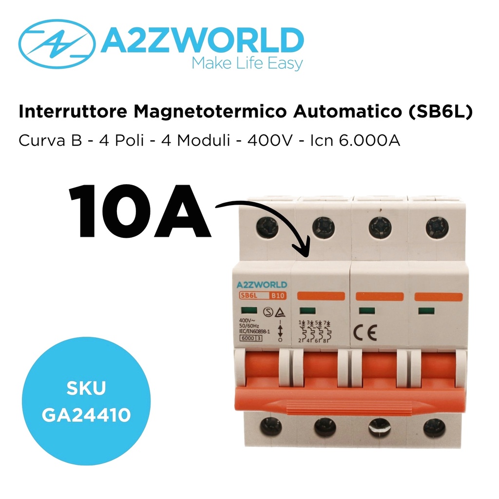 MCB Interruttore Magnetotermico Automatico Curva B 4P 4M 6000A B10A AC 400V IP20 SB6L