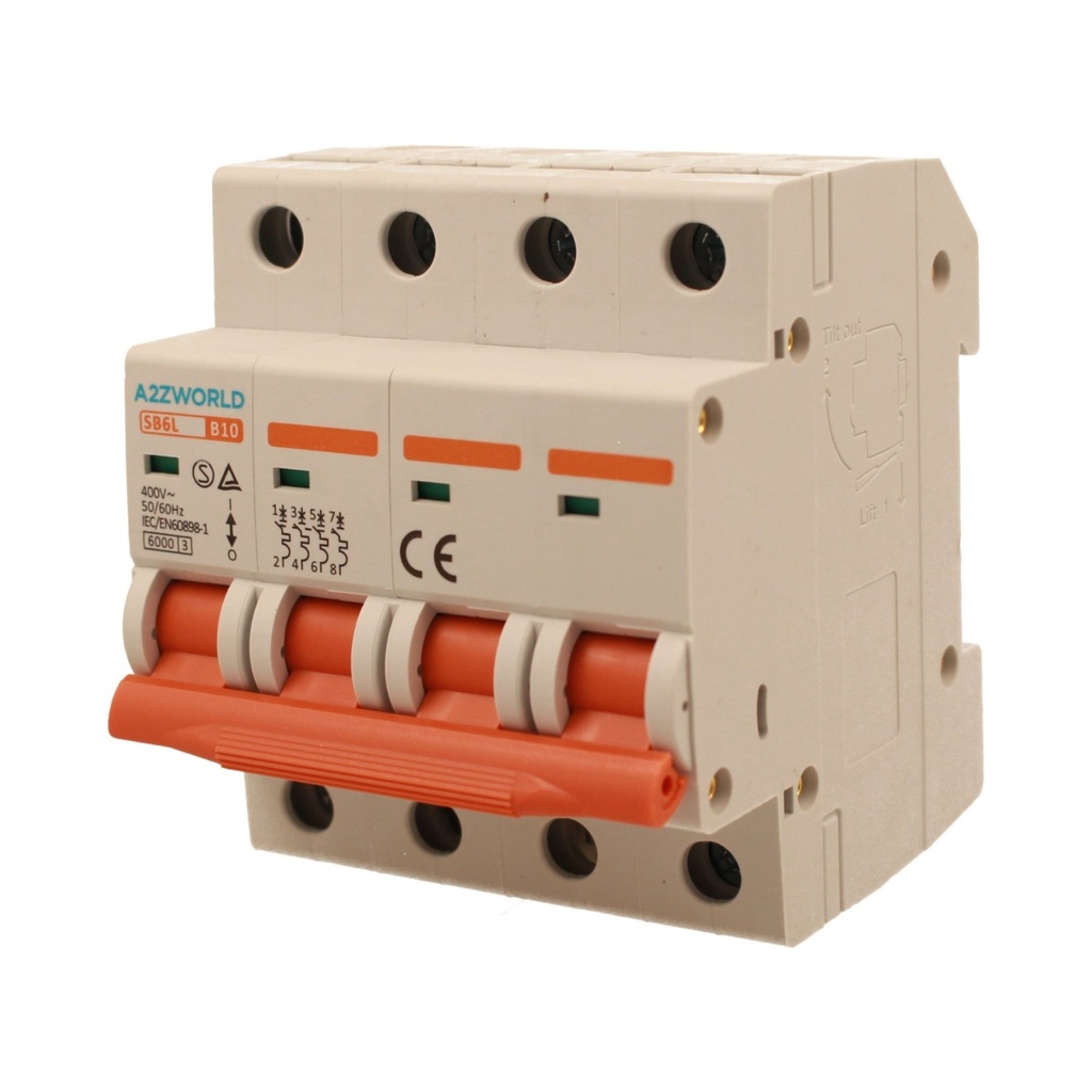 A2ZWORLD MCB Interruttore Magnetotermico Automatico Curva B 4P 4M 6000A B10A AC 400V IP20 IEC60898-1 SB6L