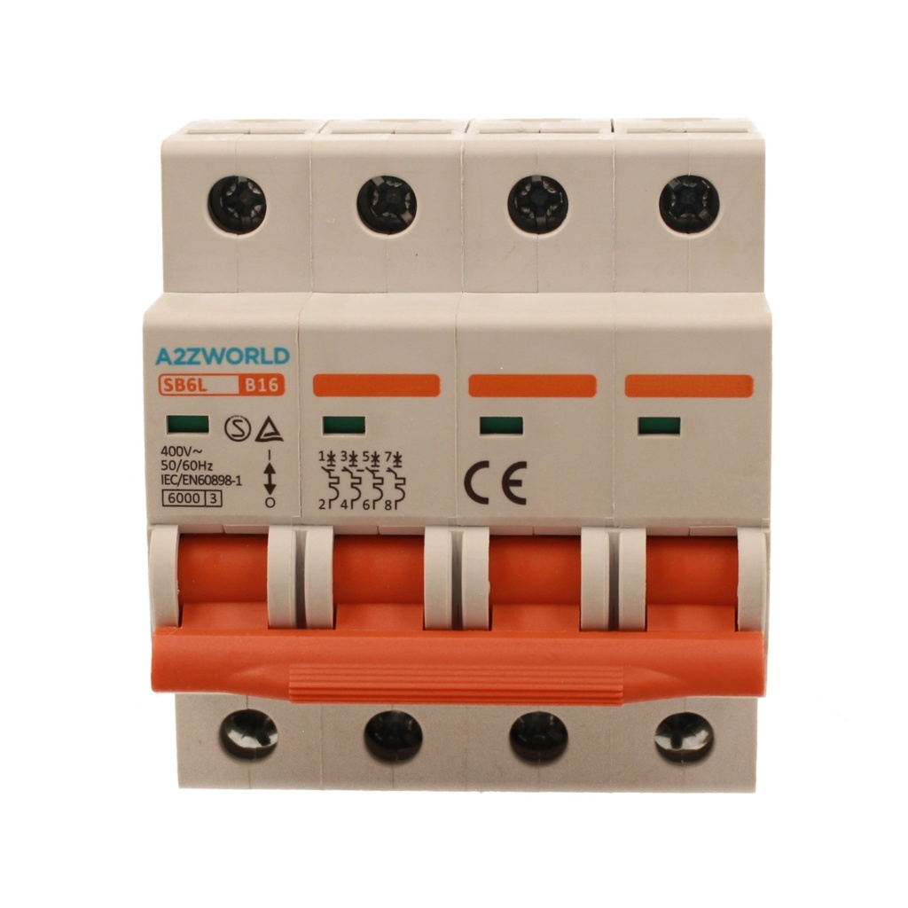 A2ZWORLD MCB Interruttore Magnetotermico Automatico Curva B 4P 4M 6000A B16A AC 400V IP20 IEC60898-1 SB6L