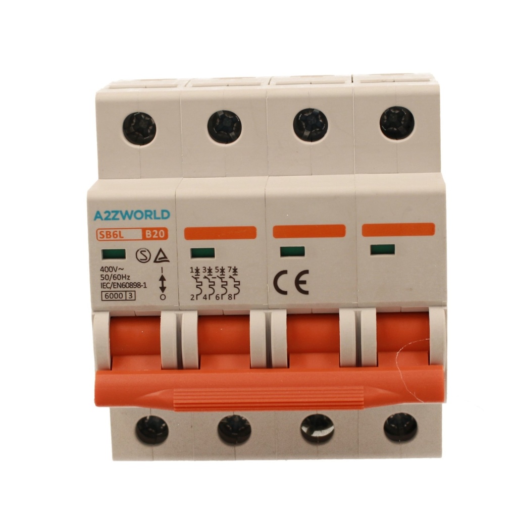 A2ZWORLD MCB Interruttore Magnetotermico Automatico Curva B 4P 4M 6000A B20A AC 400V IP20 IEC60898-1 SB6L