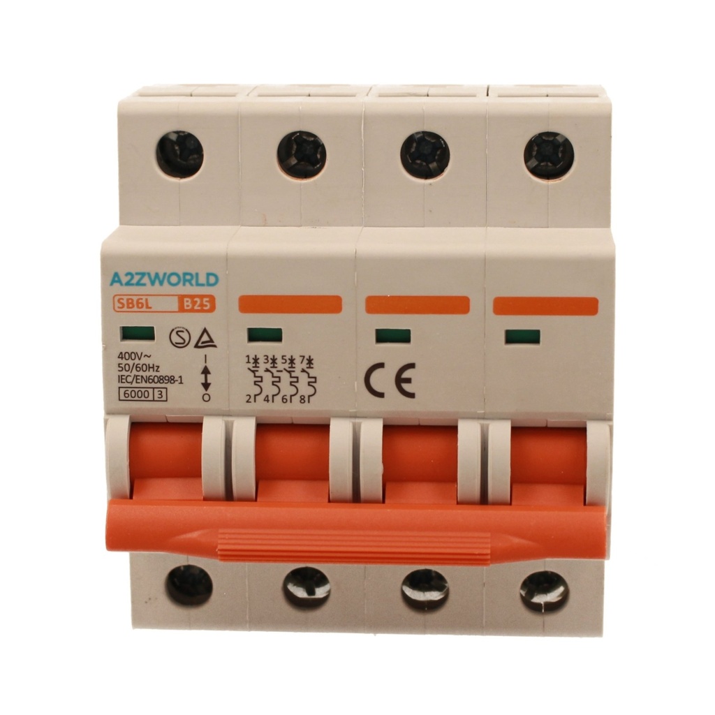 A2ZWORLD MCB Interruttore Magnetotermico Automatico Curva B 4P 4M 6000A B25A AC 400V IP20 IEC60898-1 SB6L
