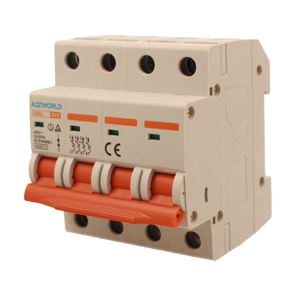 A2ZWORLD MCB Interruttore Magnetotermico Automatico Curva B 4P 4M 6000A B25A AC 400V IP20 IEC60898-1 SB6L