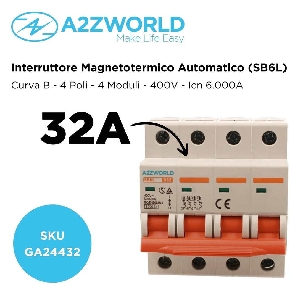 MCB Interruttore Magnetotermico Automatico Curva B 4P 4M 6000A B32A AC 400V IP20 SB6L
