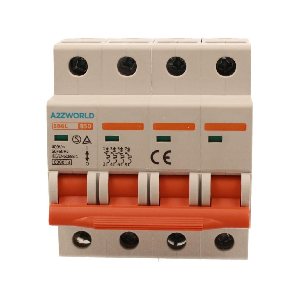 A2ZWORLD MCB Interruttore Magnetotermico Automatico Curva B 4P 4M 6000A B50A AC 400V IP20 IEC60898-1 SB6L