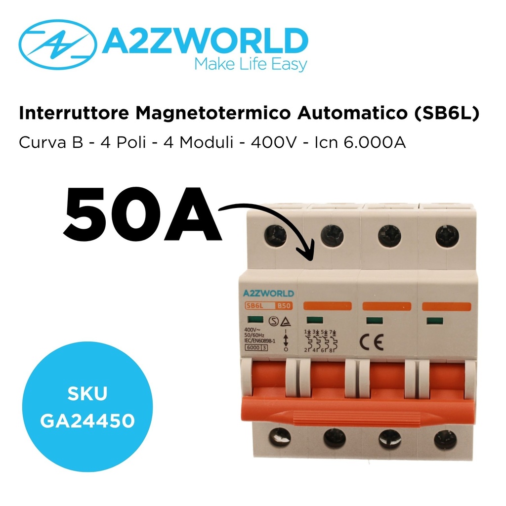MCB Interruttore Magnetotermico Automatico Curva B 4P 4M 6000A B50A AC 400V IP20 IEC60898-1 SB6L
