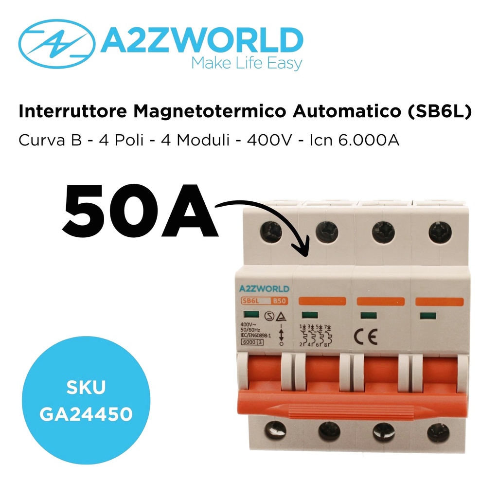 MCB Interruttore Magnetotermico Automatico Curva B 4P 4M 6000A B50A AC 400V IP20 SB6L