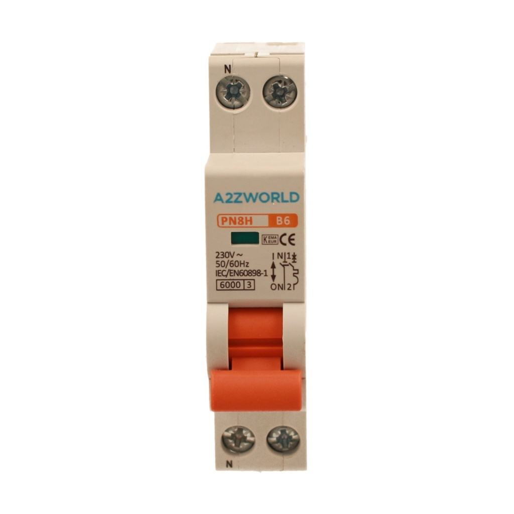 A2ZWORLD MCB Interruttore Magnetotermico Automatico Curva B 1P+N 1M 6000A B6A AC 230V IP20 IEC60898-1 PN8H