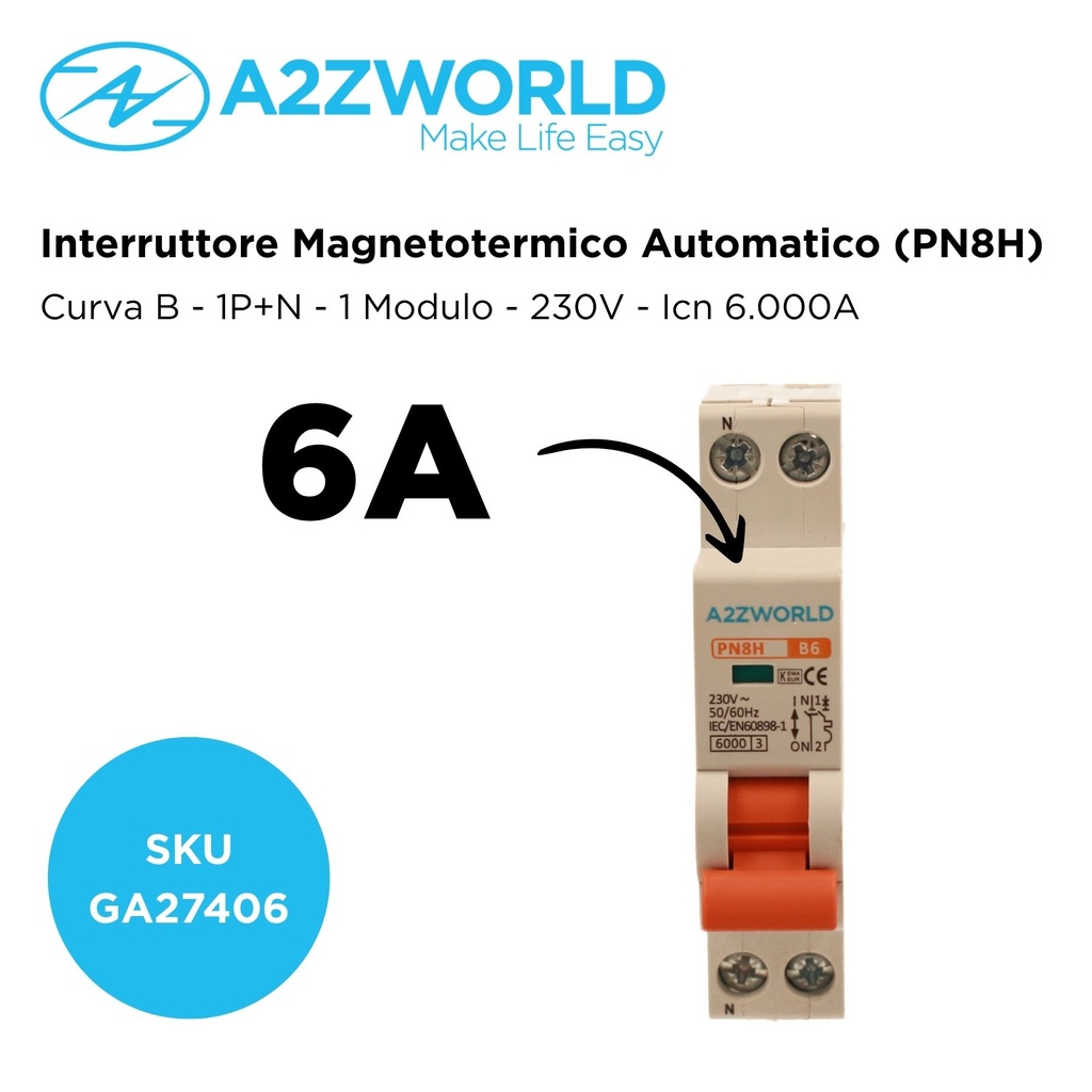 MCB Interruttore Magnetotermico Automatico Curva B 1P+N 1M 6000A B6A AC 230V IP20 IEC60898-1 PN8H