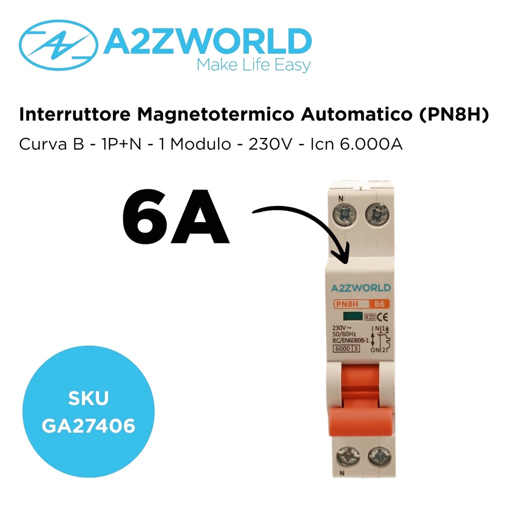 MCB Interruttore Magnetotermico Automatico Curva B 1P+N 1M 6000A B6A AC 230V IP20 PN8H