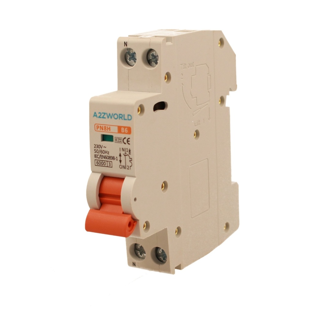 A2ZWORLD MCB Interruttore Magnetotermico Automatico Curva B 1P+N 1M 6000A B6A AC 230V IP20 IEC60898-1 PN8H