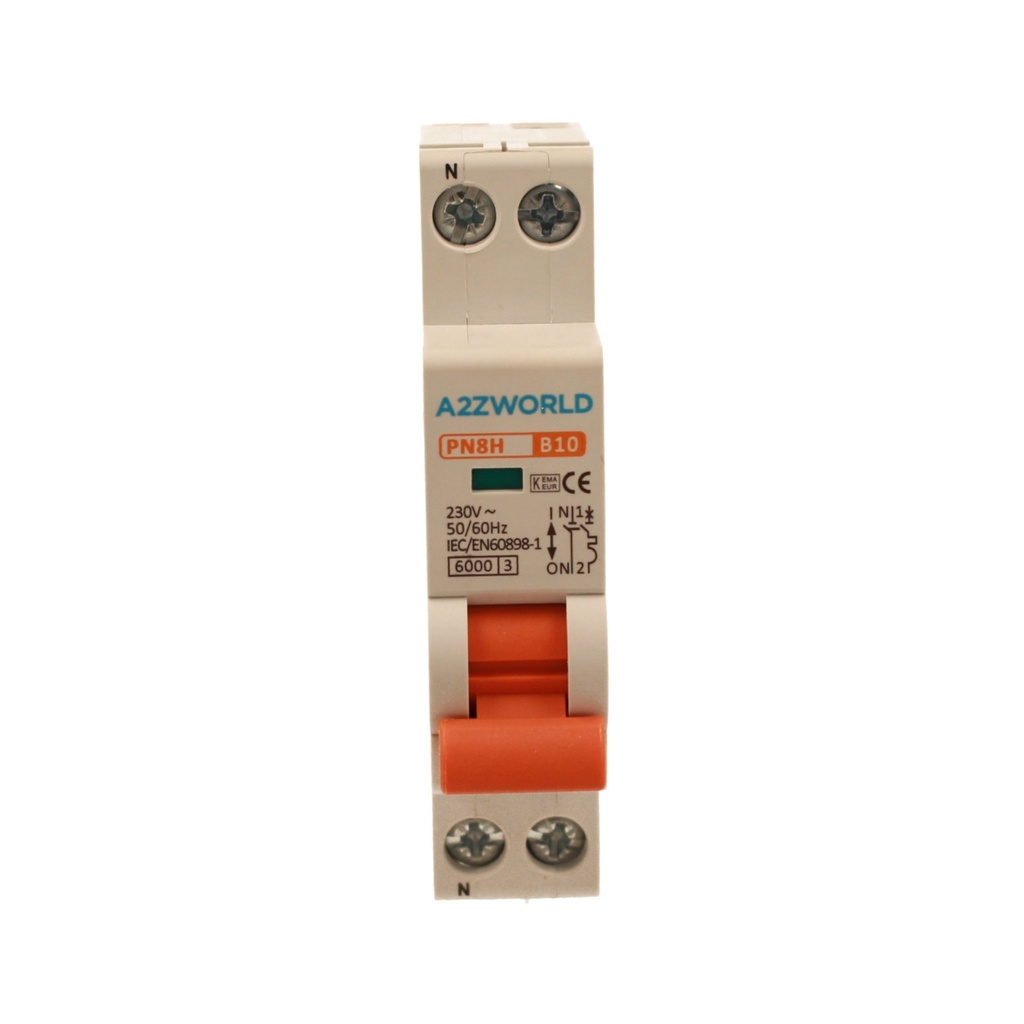 A2ZWORLD MCB Interruttore Magnetotermico Automatico Curva B 1P+N 1M 6000A B10A AC 230V IP20 IEC60898-1 PN8H