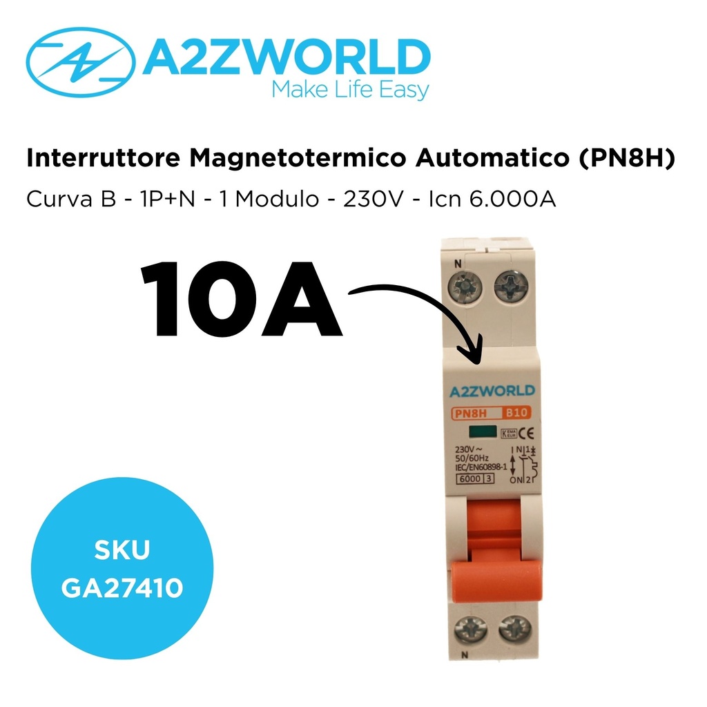 MCB Interruttore Magnetotermico Automatico Curva B 1P+N 1M 6000A B10A AC 230V IP20 IEC60898-1 PN8H