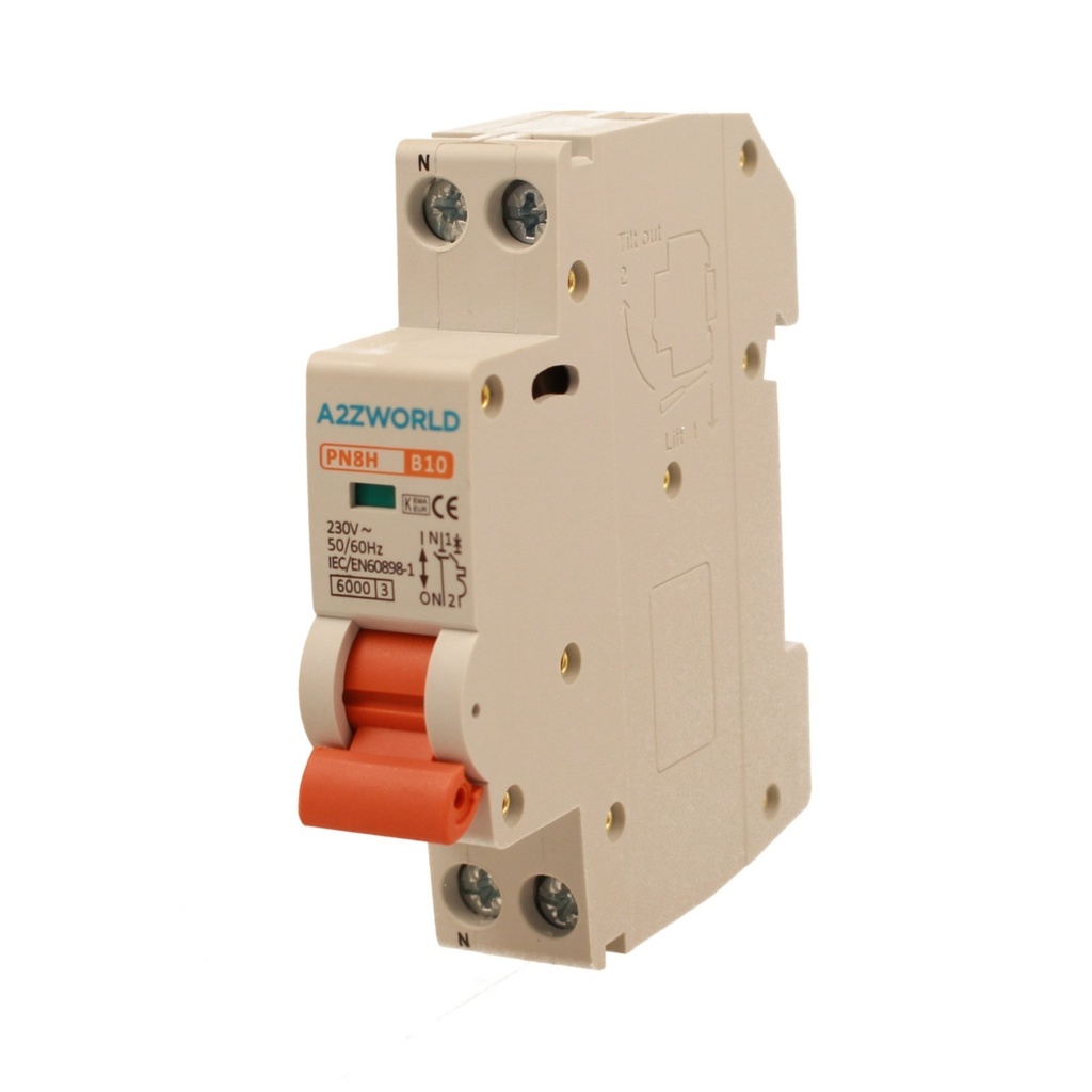 A2ZWORLD MCB Interruttore Magnetotermico Automatico Curva B 1P+N 1M 6000A B10A AC 230V IP20 IEC60898-1 PN8H