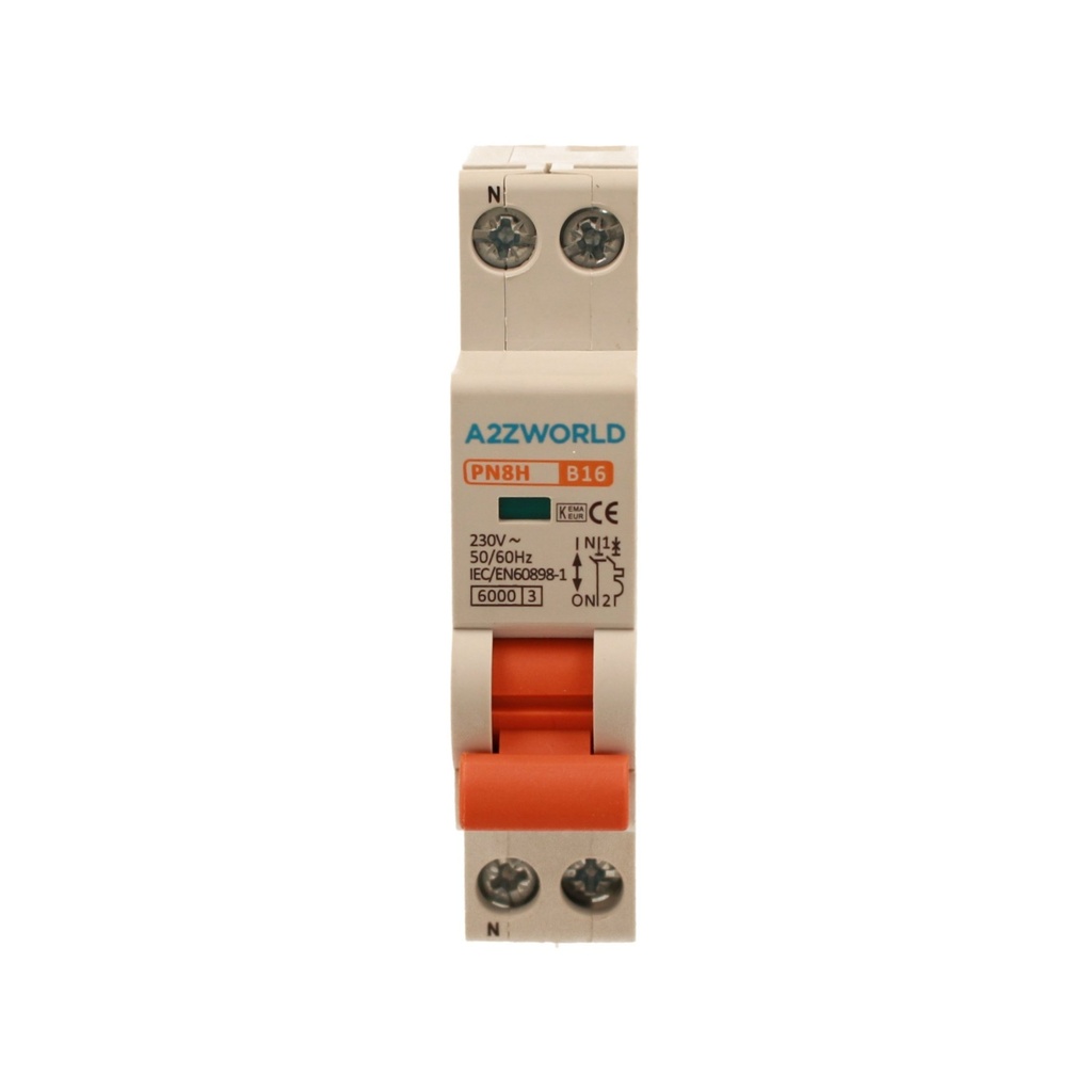 A2ZWORLD MCB Interruttore Magnetotermico Automatico Curva B 1P+N 1M 6000A B16A AC 230V IP20 IEC60898-1 PN8H