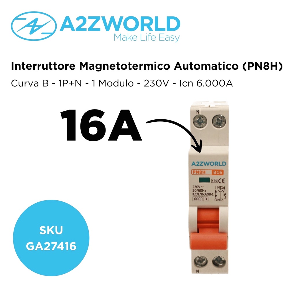 MCB Interruttore Magnetotermico Automatico Curva B 1P+N 1M 16A AC 230V PN8H