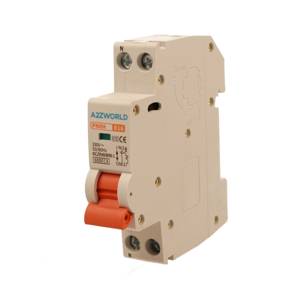 A2ZWORLD MCB Interruttore Magnetotermico Automatico Curva B 1P+N 1M 6000A B16A AC 230V IP20 IEC60898-1 PN8H