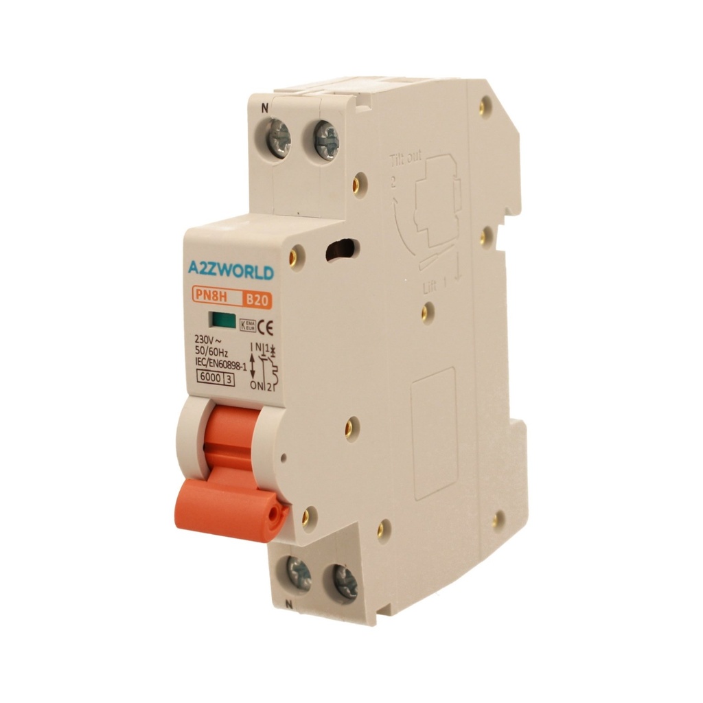 A2ZWORLD MCB Interruttore Magnetotermico Automatico Curva B 1P+N 1M 6000A B20A AC 230V IP20 IEC60898-1 PN8H