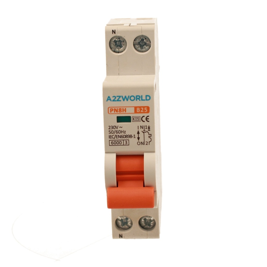 A2ZWORLD MCB Interruttore Magnetotermico Automatico Curva B 1P+N 1M 6000A B25A AC 230V IP20 IEC60898-1 PN8H
