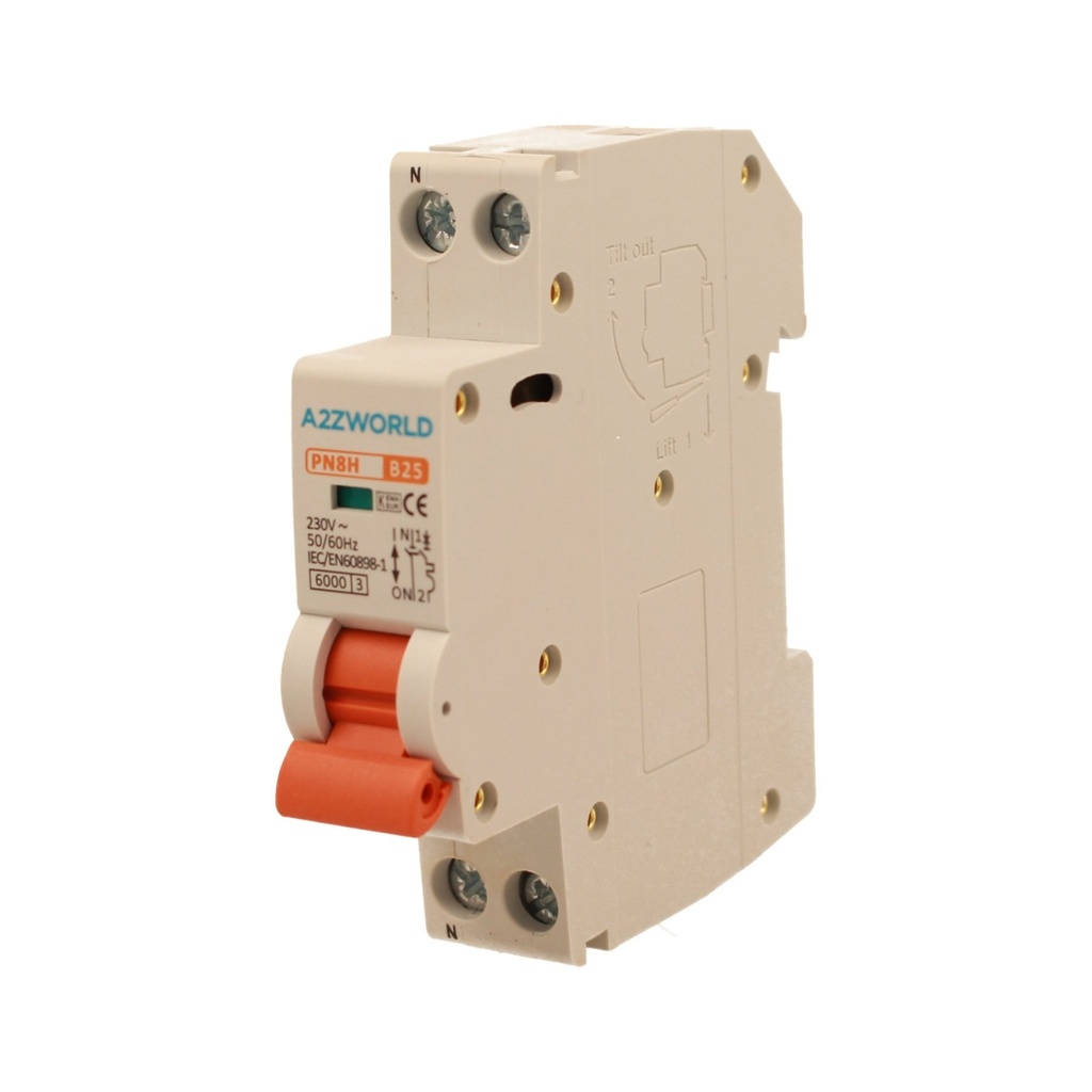 A2ZWORLD MCB Interruttore Magnetotermico Automatico Curva B 1P+N 1M 6000A B25A AC 230V IP20 IEC60898-1 PN8H