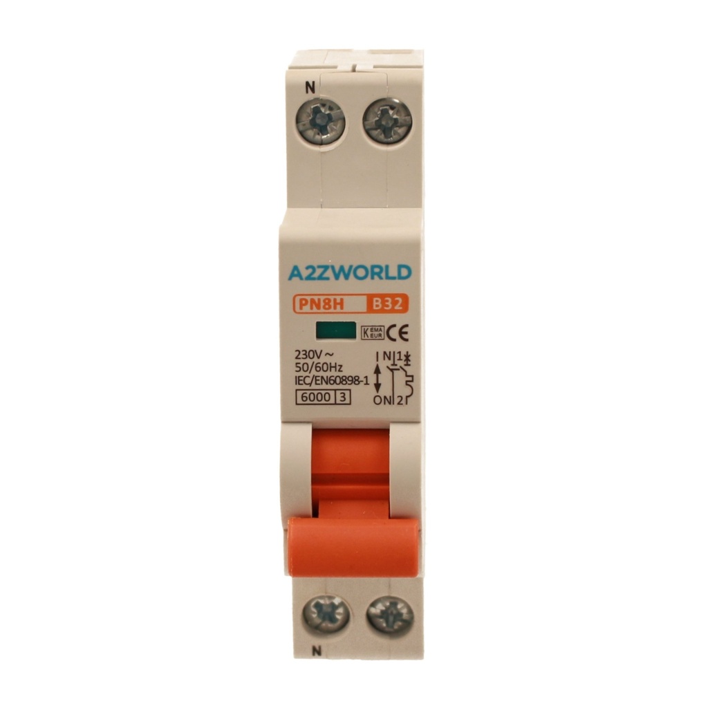 A2ZWORLD MCB Interruttore Magnetotermico Automatico Curva B 1P+N 1M 6000A B32A AC 230V IP20 IEC60898-1 PN8H
