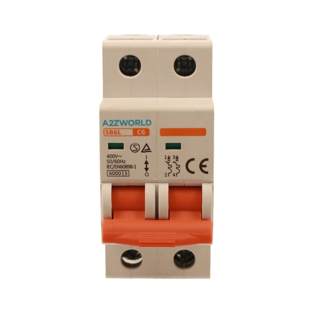 A2ZWORLD MCB Interruttore Magnetotermico Automatico Curva C 2P 2M 6000A C6A AC 400V IP20 IEC60898-1 SB6L