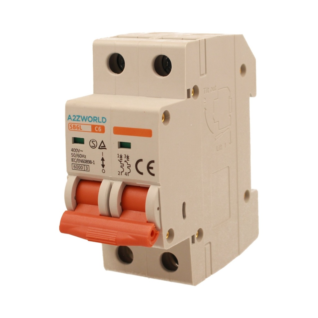 A2ZWORLD MCB Interruttore Magnetotermico Automatico Curva C 2P 2M 6000A C6A AC 400V IP20 IEC60898-1 SB6L