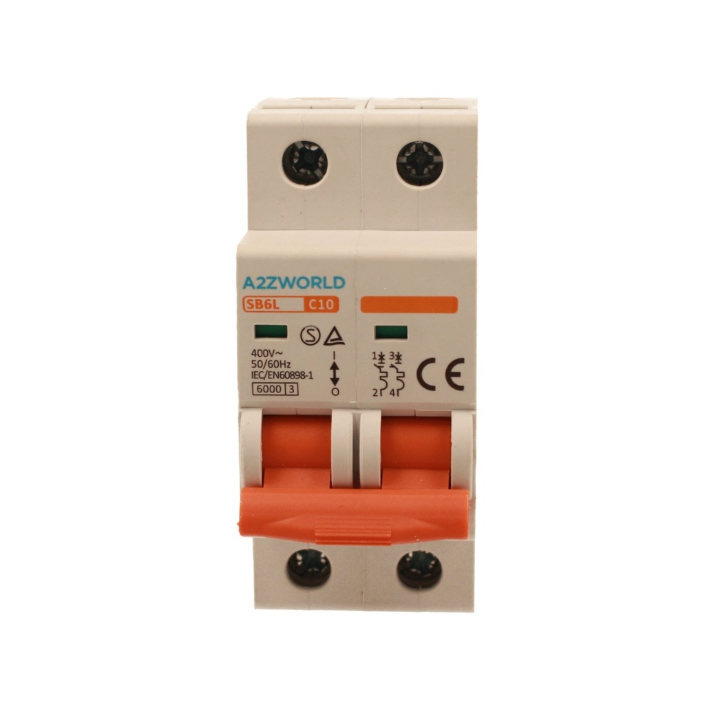 A2ZWORLD MCB Interruttore Magnetotermico Automatico Curva C 2P 2M 6000A C10A AC 400V IP20 IEC60898-1 SB6L