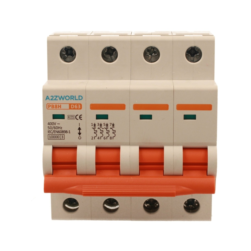 A2ZWORLD MCB Interruttore Magnetotermico Automatico Curva D 4P 4M 10000A D63A AC 400V IP20 IEC60898-1 PB8H