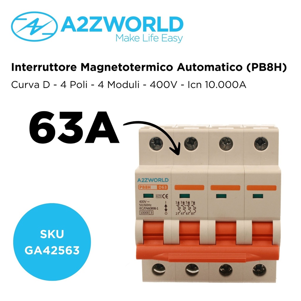 MCB Interruttore Magnetotermico Automatico Curva D 4P 4M 10000A D63A AC 400V IP20 IEC60898-1 PB8H