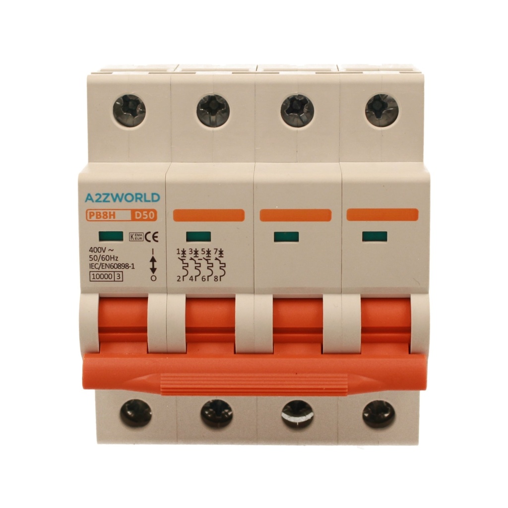 A2ZWORLD MCB Interruttore Magnetotermico Automatico Curva D 4P 4M 10000A D50A AC 400V IP20 IEC60898-1 PB8H