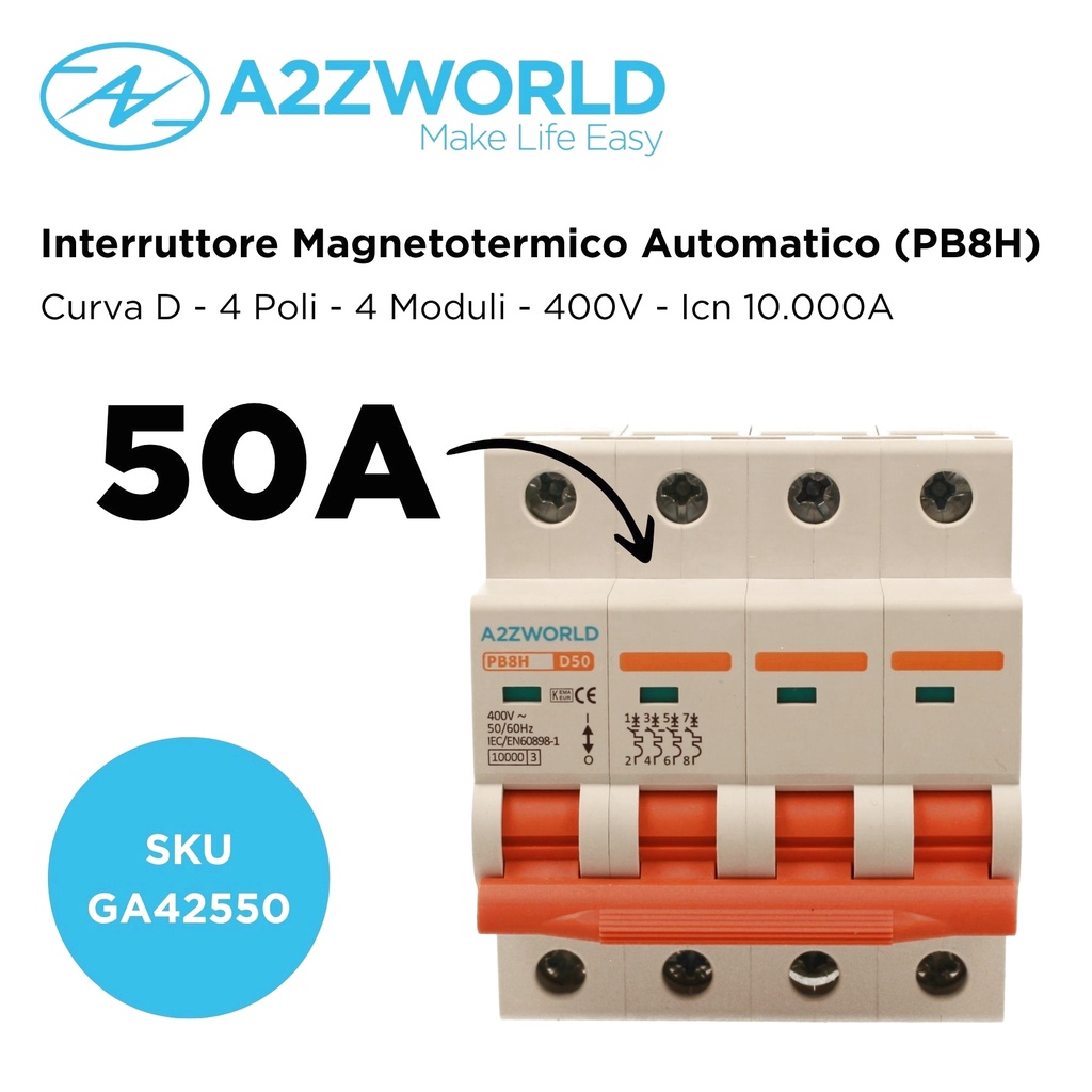 MCB Interruttore Magnetotermico Automatico Curva D 4P 4M 10000A D50A AC 400V IP20 PB8H