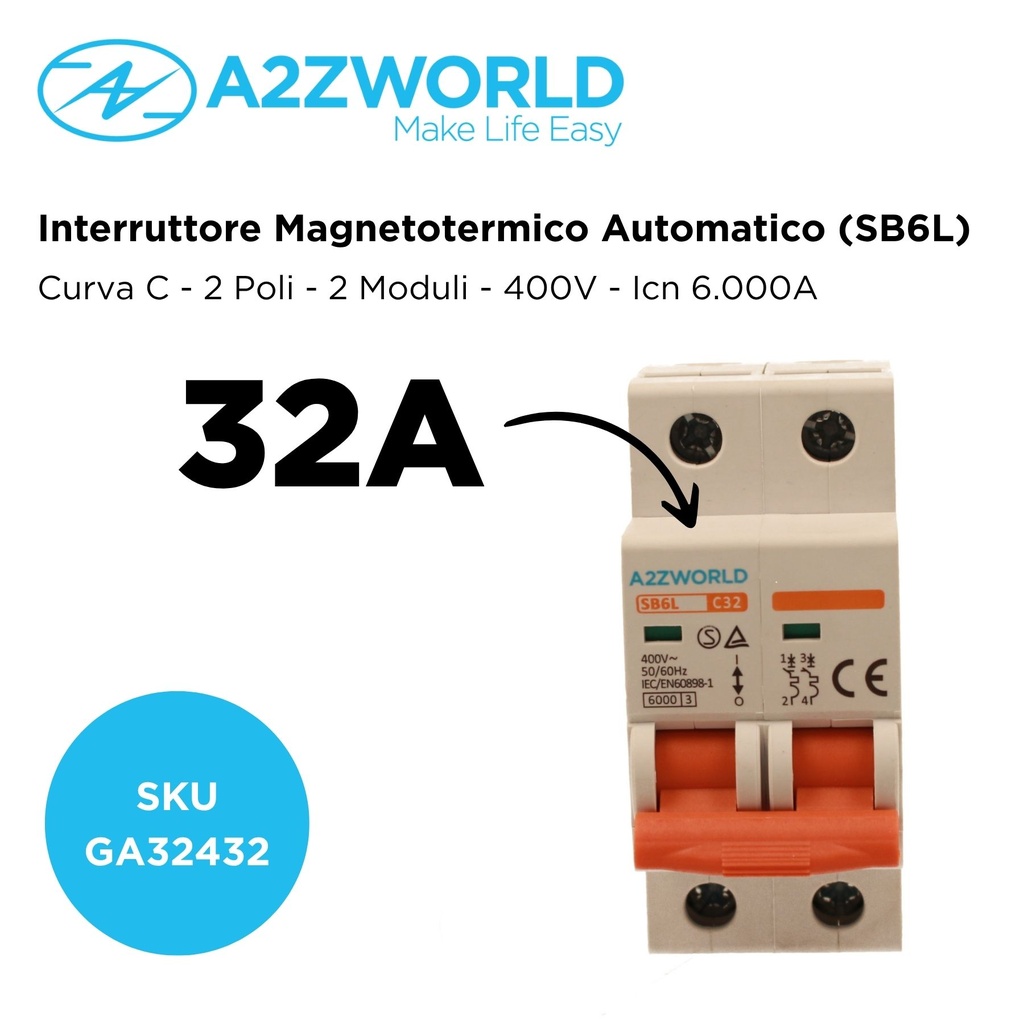 MCB Interruttore Magnetotermico Automatico Curva C 2P 2M 6000A C32A AC 400V IP20 IEC60898-1 SB6L