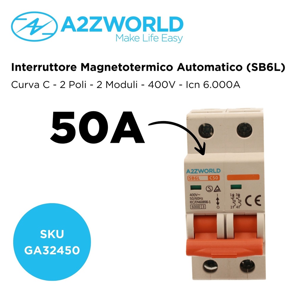 MCB Interruttore Magnetotermico Automatico Curva C 2P 2M 6000A C50A AC 400V IP20 IEC60898-1 SB6L
