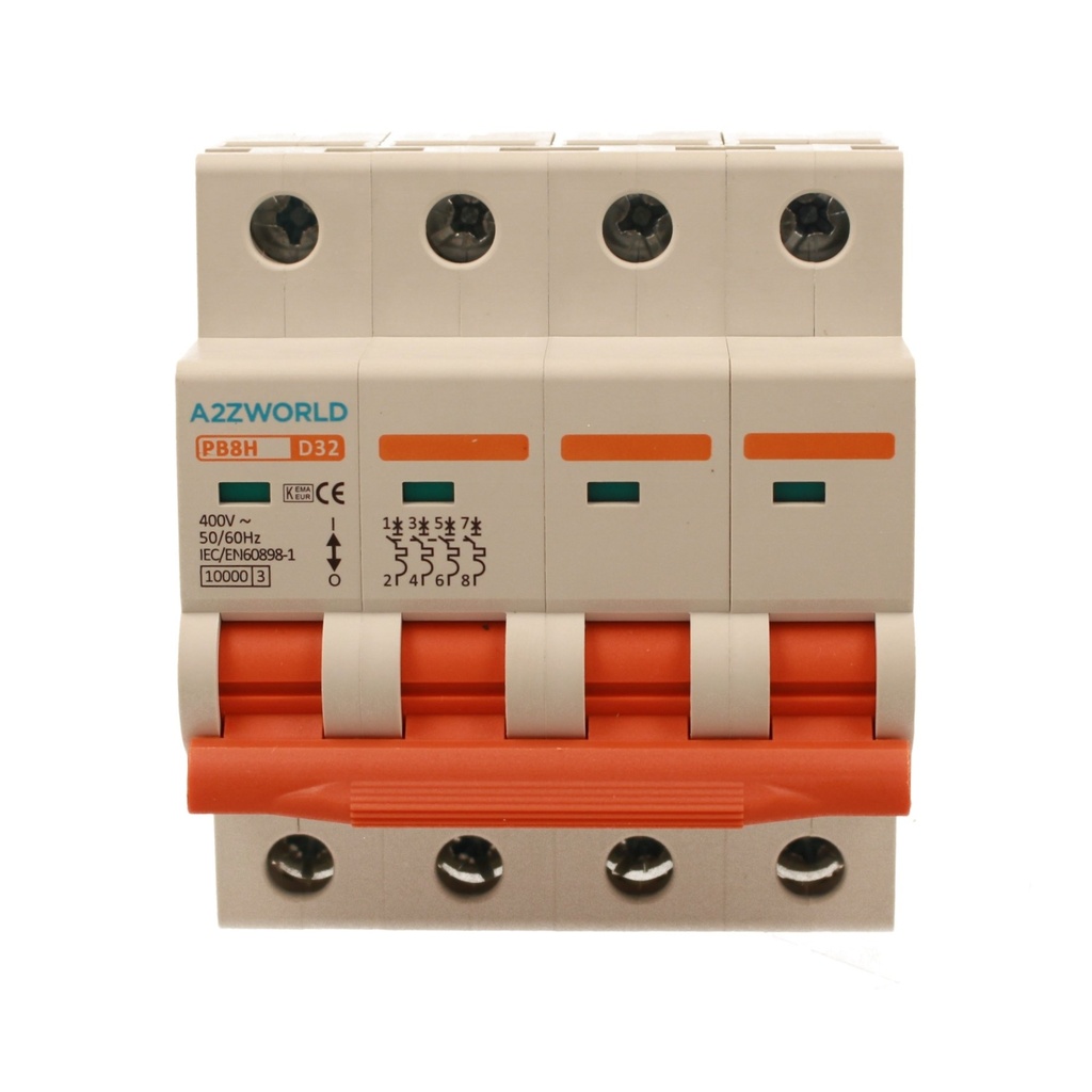 A2ZWORLD MCB Interruttore Magnetotermico Automatico Curva D 4P 4M 10000A D32A AC 400V IP20 IEC60898-1 PB8H