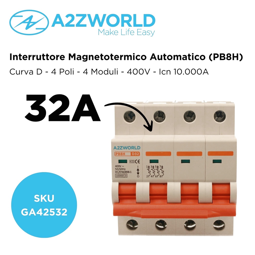 MCB Interruttore Magnetotermico Automatico Curva D 4P 4M 10000A D32A AC 400V IP20 PB8H