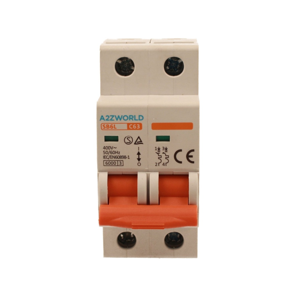 A2ZWORLD MCB Interruttore Magnetotermico Automatico Curva C 2P 2M 6000A C63A AC 400V IP20 IEC60898-1 SB6L