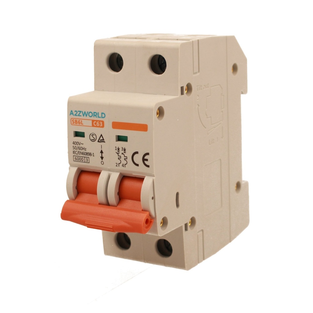 A2ZWORLD MCB Interruttore Magnetotermico Automatico Curva C 2P 2M 6000A C63A AC 400V IP20 IEC60898-1 SB6L