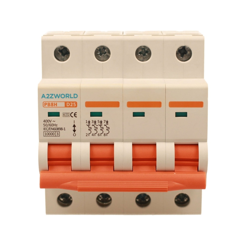 A2ZWORLD MCB Interruttore Magnetotermico Automatico Curva D 4P 4M 10000A D25A AC 400V IP20 IEC60898-1 PB8H