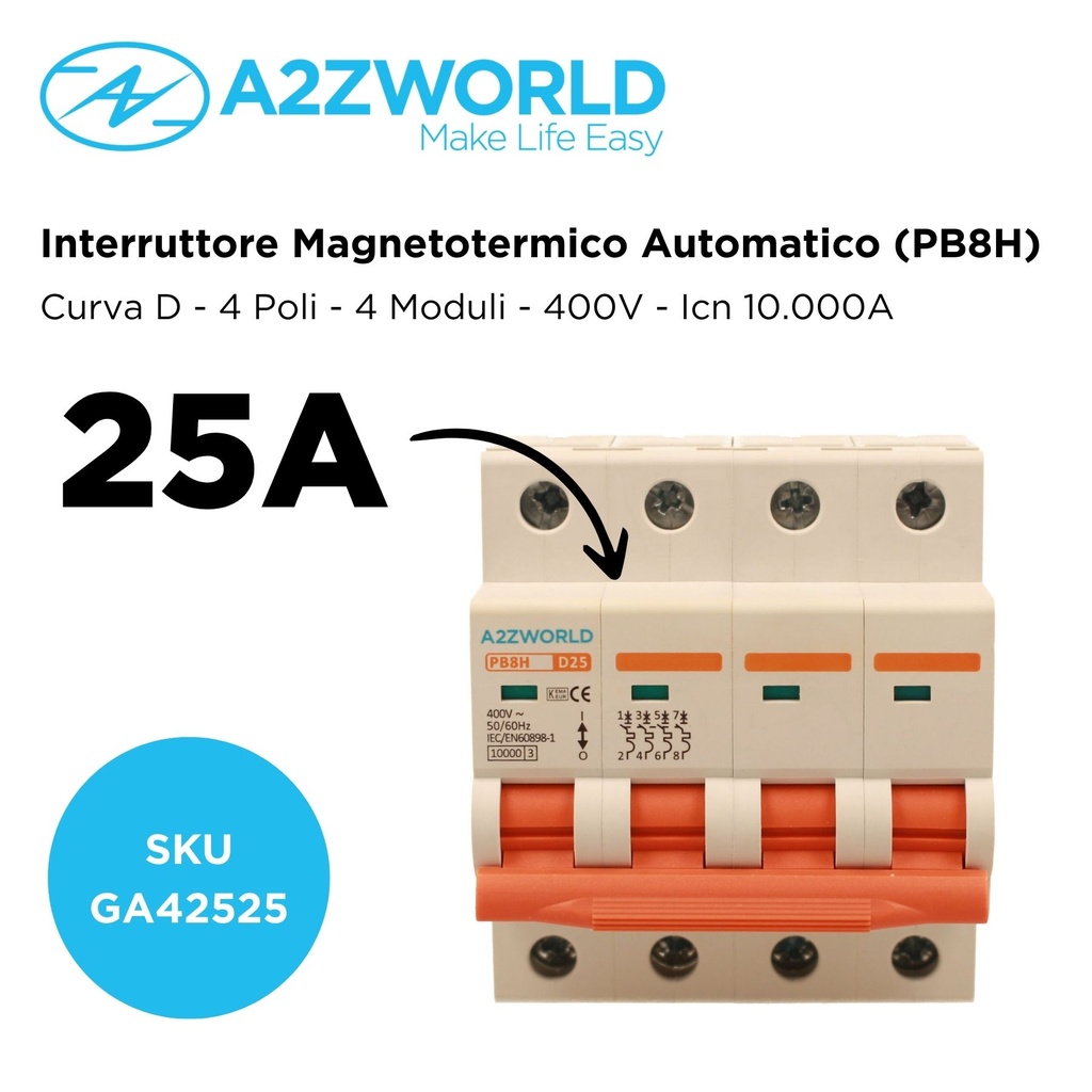 MCB Interruttore Magnetotermico Automatico Curva D 4P 4M 10000A D25A AC 400V IP20 IEC60898-1 PB8H
