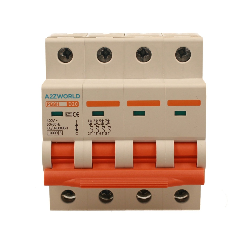 A2ZWORLD MCB Interruttore Magnetotermico Automatico Curva D 4P 4M 10000A D20A AC 400V IP20 IEC60898-1 PB8H