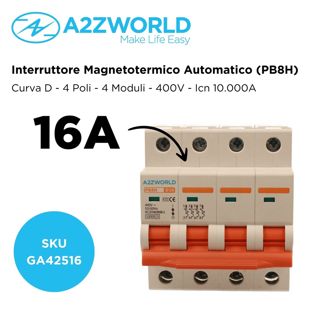 MCB Interruttore Magnetotermico Automatico Curva D 4P 4M 10000A D16A AC 400V IP20 IEC60898-1 PB8H