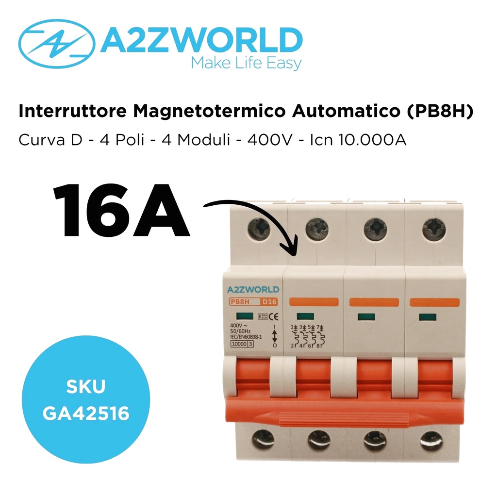 MCB Interruttore Magnetotermico Automatico Curva D 4P 4M 10000A D16A AC 400V IP20 PB8H
