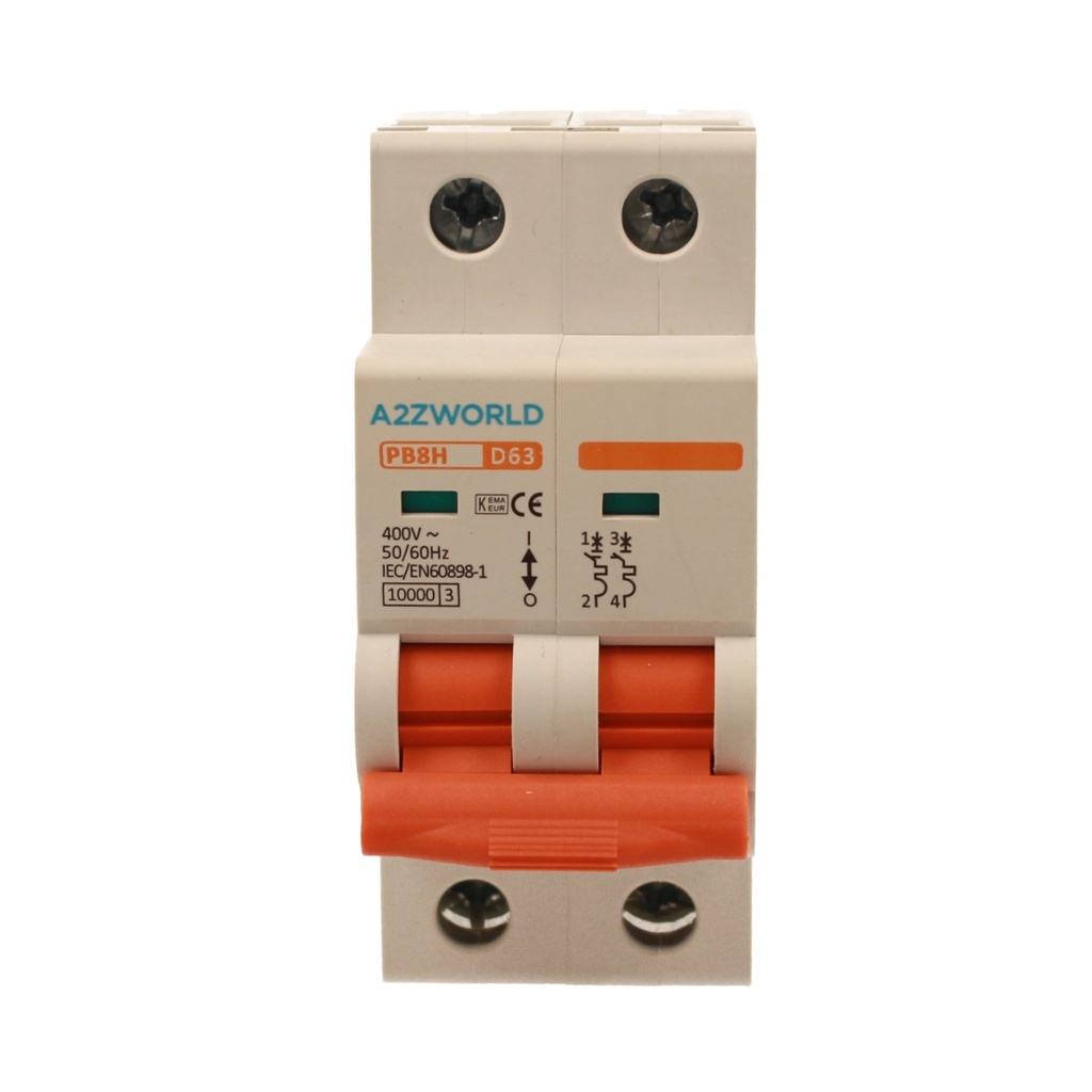 A2ZWORLD MCB Interruttore Magnetotermico Automatico Curva D 2P 2M 10000A D63A AC 400V IP20 IEC60898-1 PB8H
