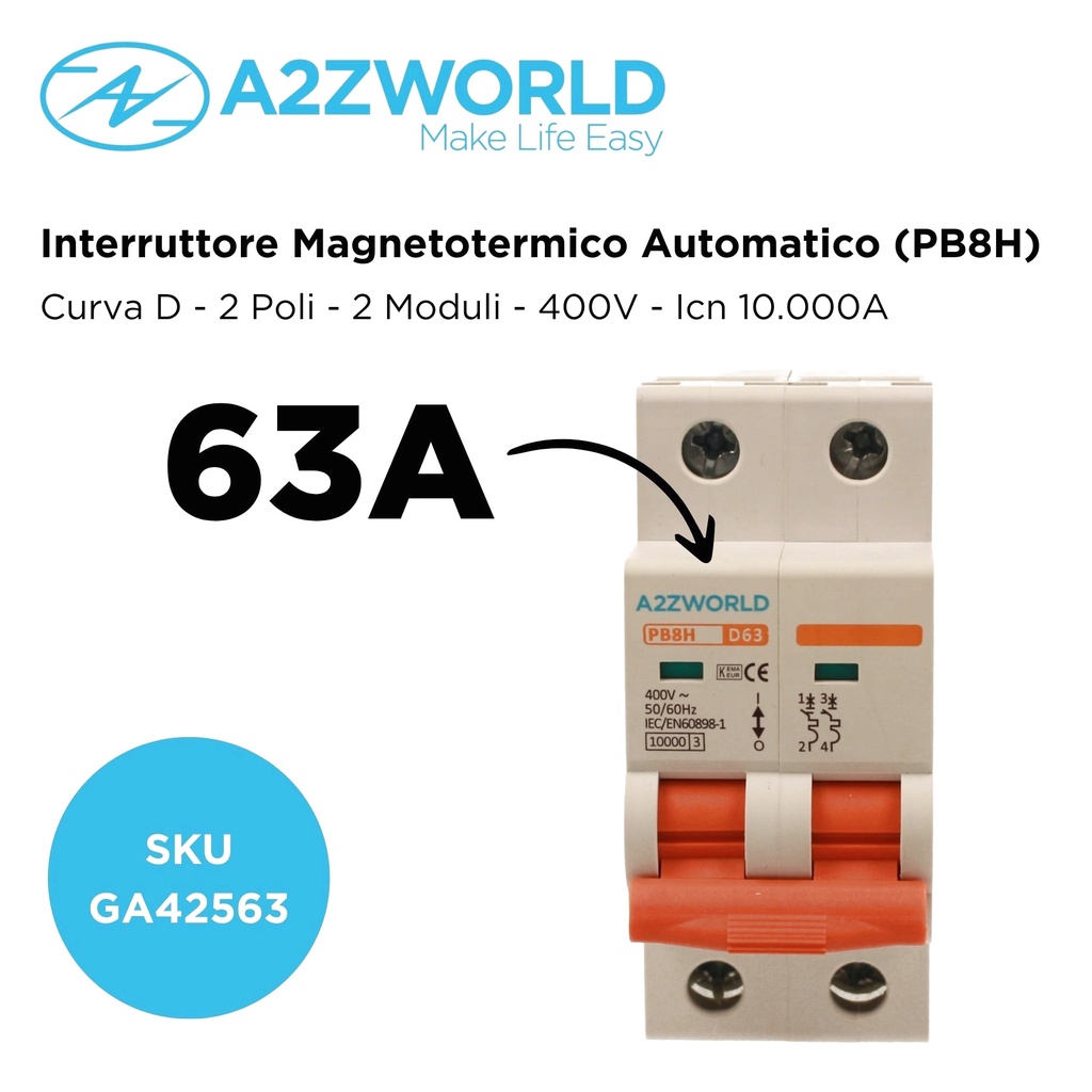 MCB Interruttore Magnetotermico Automatico Curva D 2P 2M 10000A D63A AC 400V IP20 PB8H
