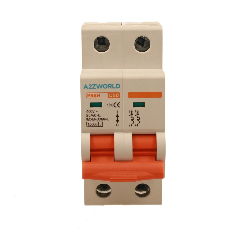 A2ZWORLD MCB Interruttore Magnetotermico Automatico Curva D 2P 2M 10000A D50A AC 400V IP20 IEC60898-1 PB8H