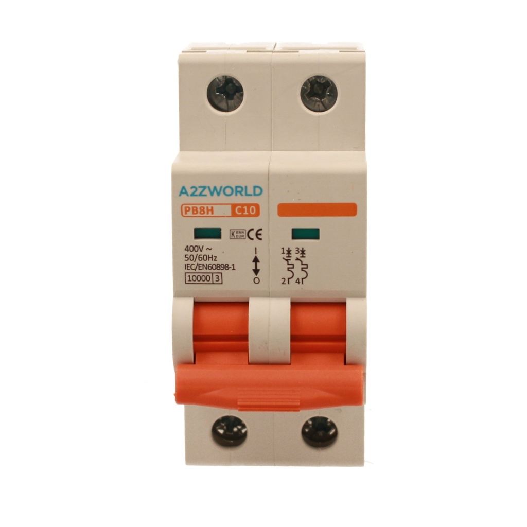 A2ZWORLD MCB Interruttore Magnetotermico Automatico Curva C 2P 2M 10000A C10A AC 400V IP20 IEC60898-1 PB8H
